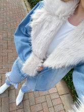 Load image into Gallery viewer, Daringly Beautiful Oversized Denim Jacket with Faux Fur Collar and Cuffs