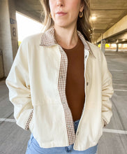 Load image into Gallery viewer, Grateful Heart Oversized Cream Jacket With Brown Gingham Trim Detailing