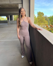 Load image into Gallery viewer, Best Self Mocha Tie Neck Ribbed Jumpsuit