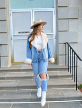 Load image into Gallery viewer, Daringly Beautiful Oversized Denim Jacket with Faux Fur Collar and Cuffs
