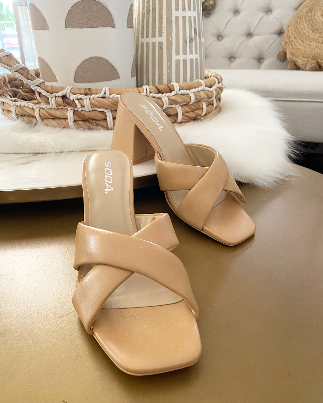 Never Better Natural Faux Leather Block Heels