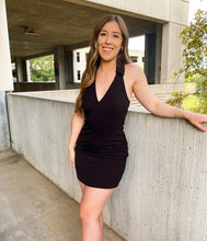 Load image into Gallery viewer, Doesn’t Compare Black Collared Halter Mini Dress

