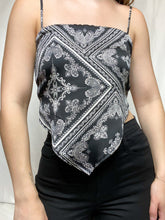 Load image into Gallery viewer, Free Spirit Satin Bandana Print Tie Back Scarf Top
